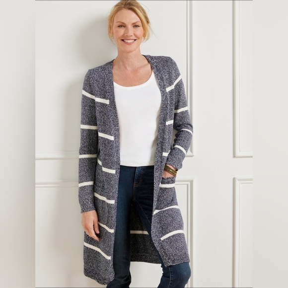 Talbots Sweaters - Talbots Womens Navy Striped Marled Duster Long Cardigan Size Petite 100% Cotton
